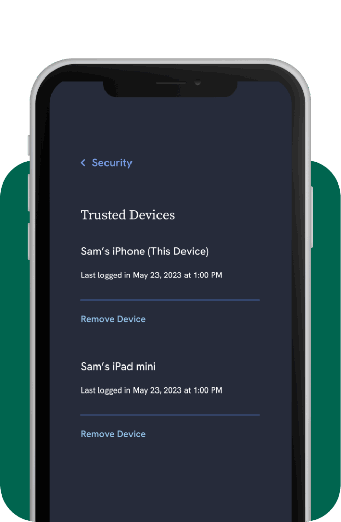 Kudzu app showing trusted device management options for enhanced account security and control.