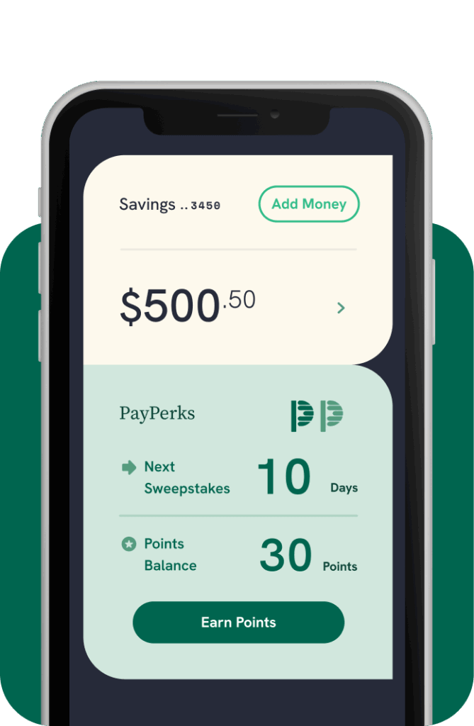Kudzu mobile app interface showing a $500.50 savings balance and PayPerks section with sweepstakes countdown and 30 reward points