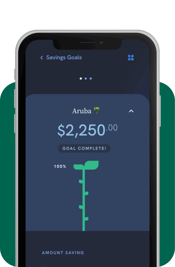 Kudzu+ mobile app screen showing a completed $2,250 savings goal for Aruba