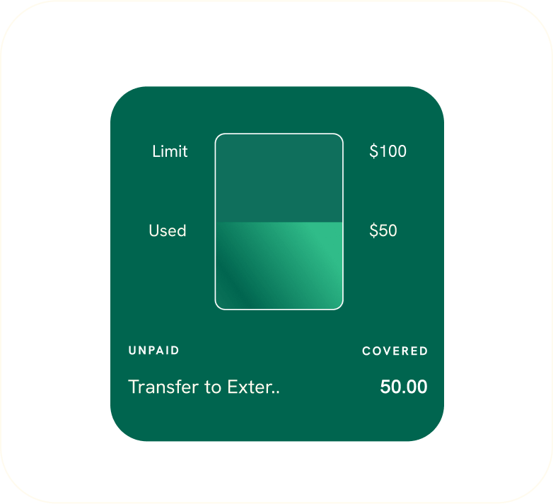 Kudzu+ feature showing $100 overdraft limit with $50 used and a $50 transfer marked as covered.