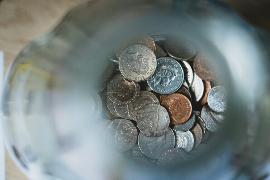 Loose change in a glass jar